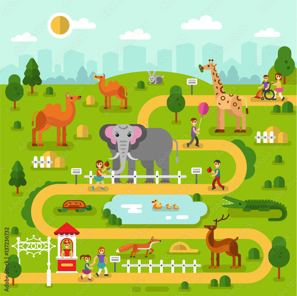 Flat design vector illustration of animals in the Zoo, infographics map concept. Elephant, fox, giraffe, deer, camel, rabbit, turtle, crocodile. Boys and girls walking and feed them.