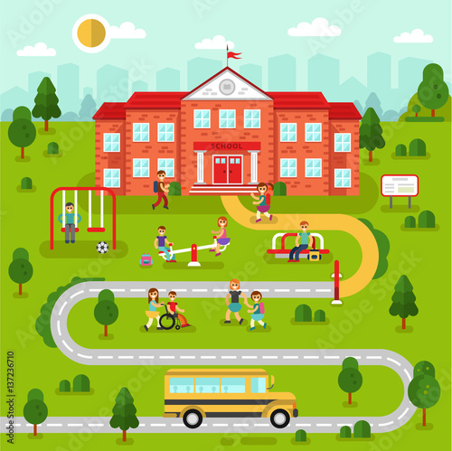 Fototapeta Naklejka Na Ścianę i Meble -  Flat design vector illustration of city map landscape with school building. Bus, playground with playing kids, road, girls and boys with backpacks going to learn. Education concept. The Knowledge day.