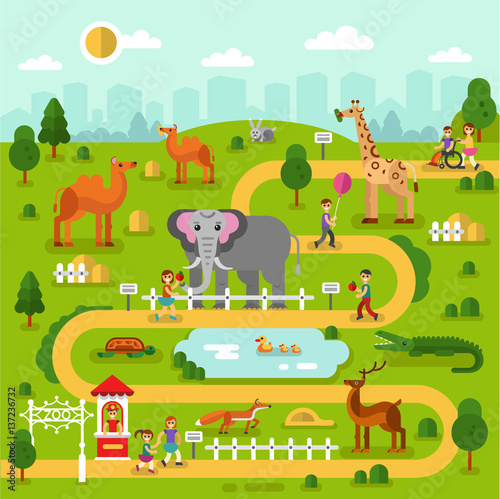 Flat design vector illustration of animals in the Zoo, infographics map concept. Elephant, fox, giraffe, deer, camel, rabbit, turtle, crocodile. Boys and girls walking and feed them.