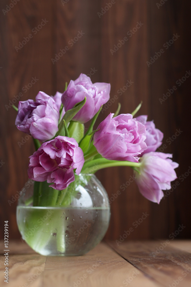custom made wallpaper toronto digitalViolet tulips in a round vase on a wooden background