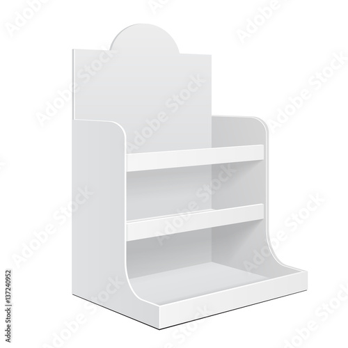 Display Cardboard Counter Shelf Holder Box POS POI Blank Empty. Mockup, Mock Up, Template. On White Background Isolated. Ready For Your Design. Mockup Product Advertising. Vector EPS10