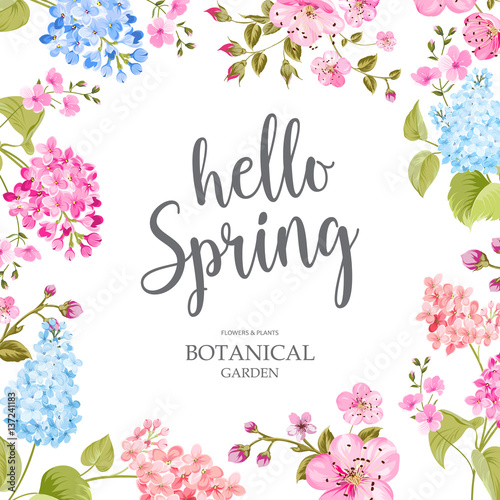 Spring time concept of card with blooming flowers isolated over blue background. Vector illustration.