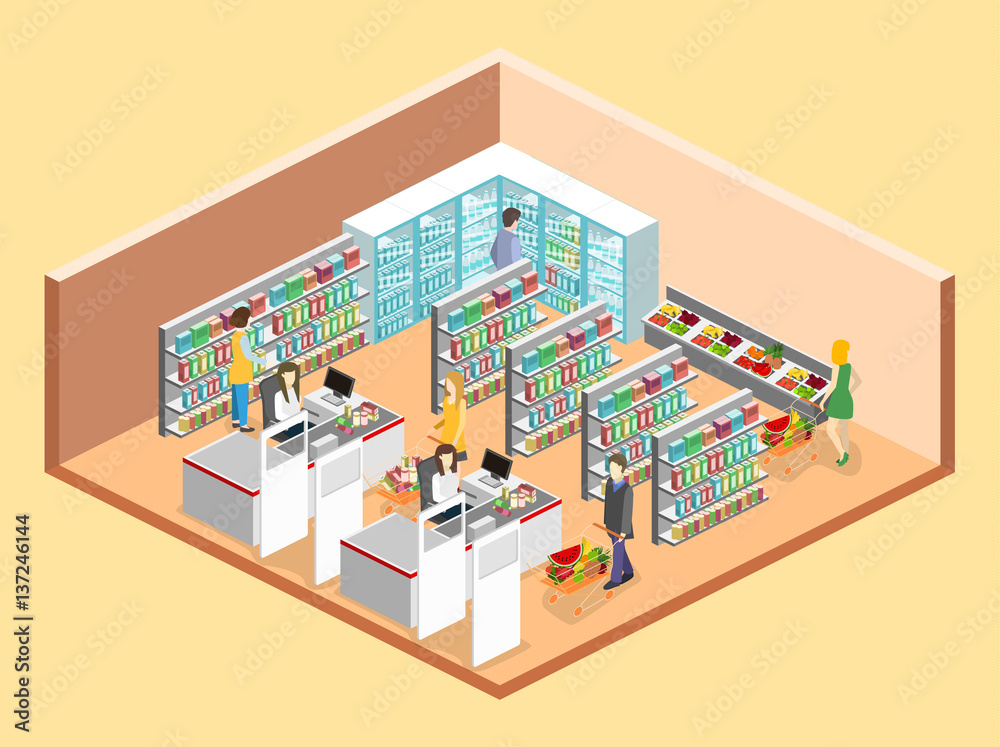 Isometric interior of grocery store. Isometric interior of grocery store.