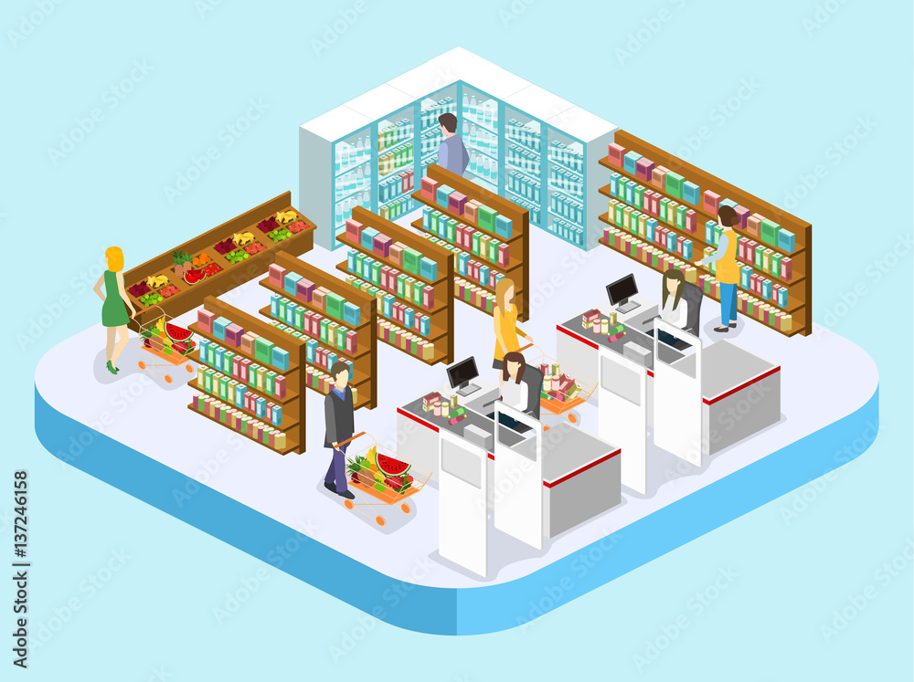 Fototapeta premium Isometric interior of grocery store.