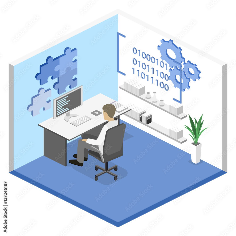Fototapeta premium Flat 3D vector isometric concept illustration of office software developer