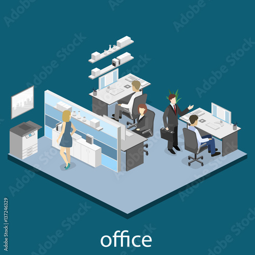 Flat 3d isometric abstract office floor interior departments concept.