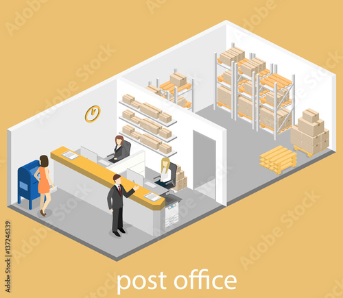 Isometric flat 3D interior of post office.