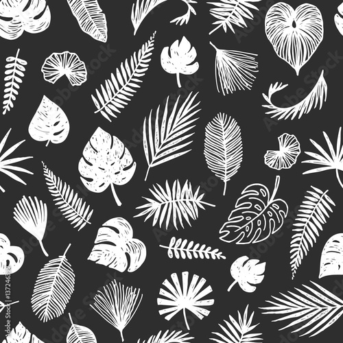 black and white palm leaves vector background, seamless trendy tropical pattern design