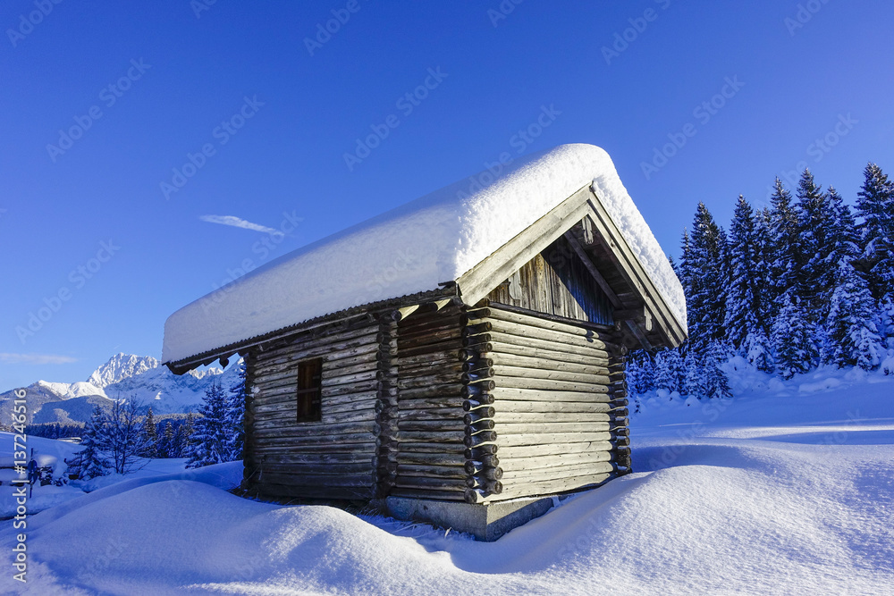 Chalet in a snow landscape at Elmau, Upper Bavaria, Bavaria, Germany, Europe Chalet in a snow landscape at Elmau, Upper Bavaria, Bavaria, Germany, Europe