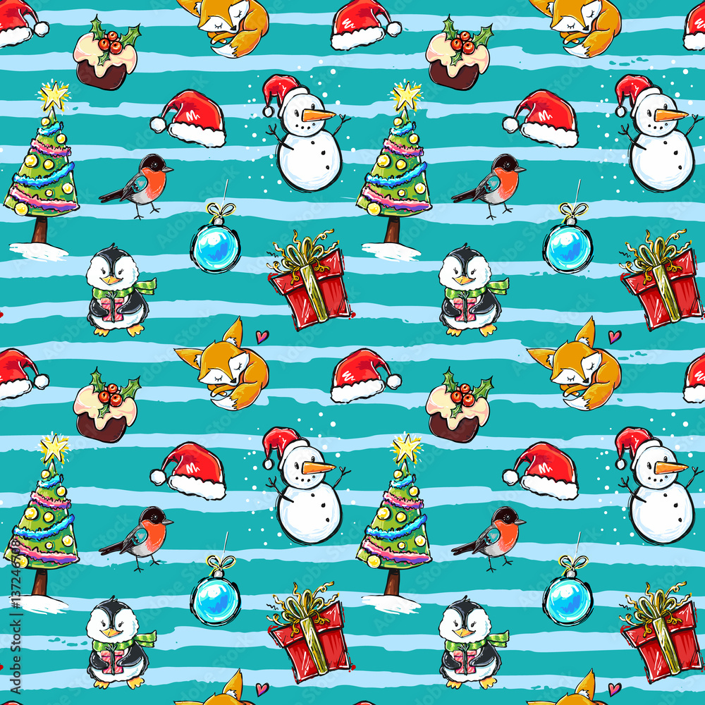 Fototapeta premium Seamless winter holiday pattern with Christmas elements
