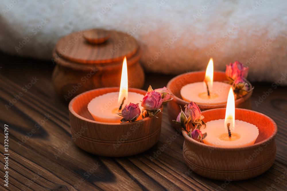 Peach Small Candles In Wooden Cups With, Small Wooden Candle Cups