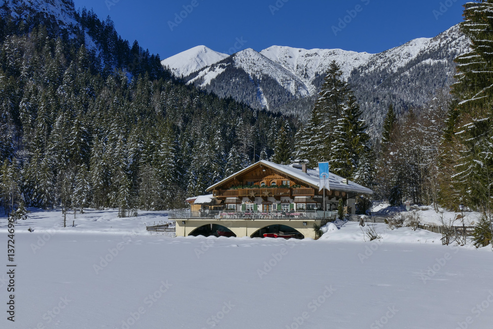 Mountain Inn Pflegersee on Lake Pflegersee in Winter, Garmisch-Partenkirchen, Upper Bavaria, Bavaria, Germany, Europe