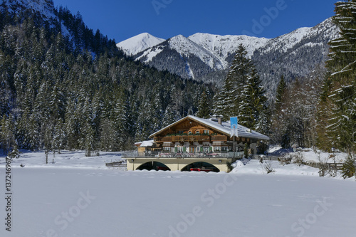 Mountain Inn Pflegersee on Lake Pflegersee in Winter, Garmisch-Partenkirchen, Upper Bavaria, Bavaria, Germany, Europe