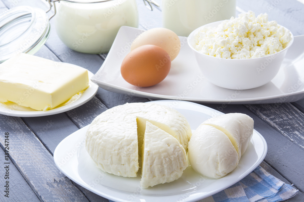 Dairy products curd cheese Milk Yogurt natural products wood background
Dairy products curd cheese Milk Yogurt natural products wood background