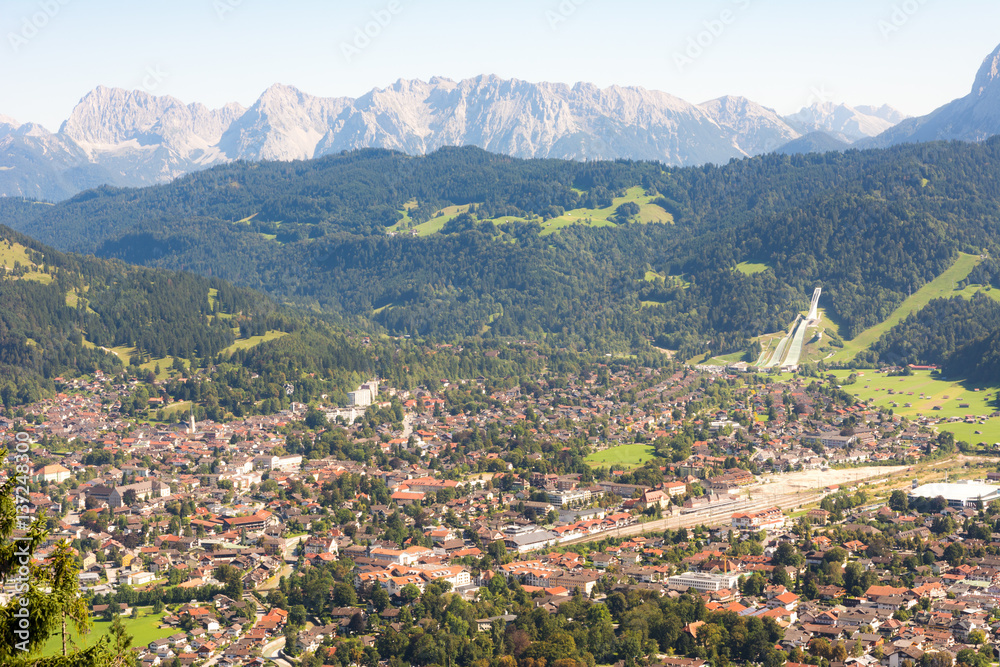 Aerial view over Garmisch in the alps of Bavaria