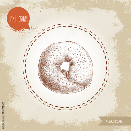 Hand drawn sketch style sesame bagel top view. Daily fresh bakery illustration. Vintage drawing of fresh bakery goods.