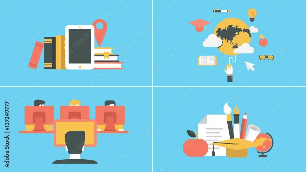 Education and e-learning in out animated flat design icons set.