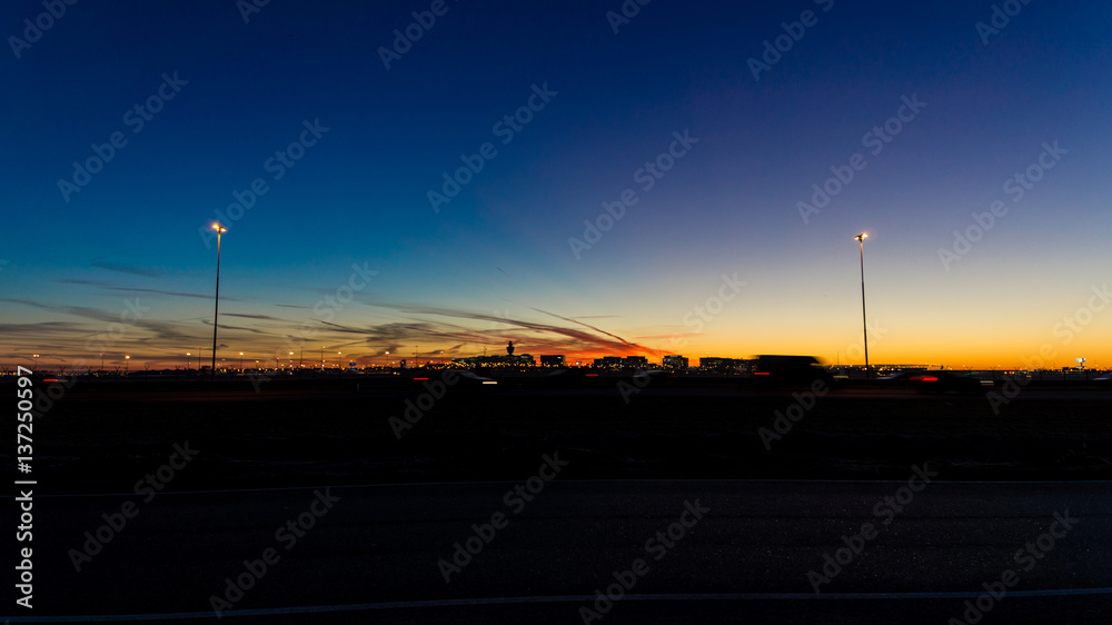 Sunrise over Schiphol airport in the Netherlands