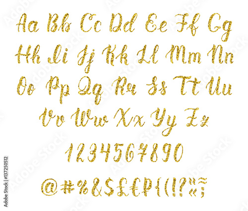 Handwritten latin calligraphy brush script with numbers and punctuation marks. Gold glitter alphabet. Vector