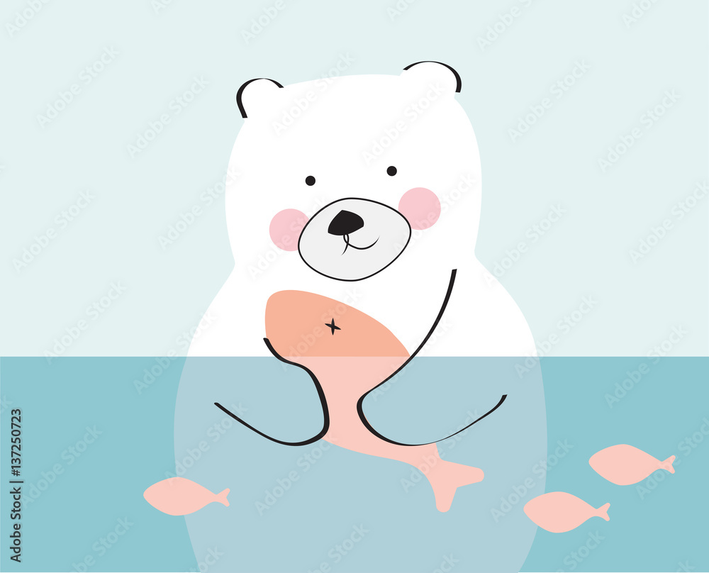 Bear holding a salmon child drawings vector. Polar bear hunting on water.  Stock Vector