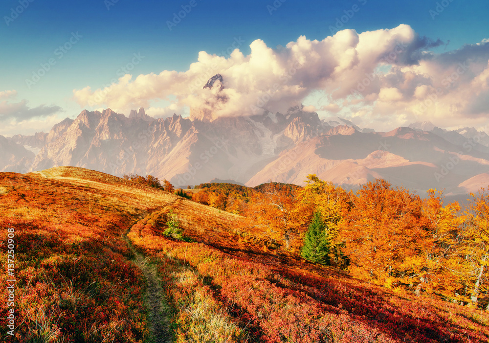 Autumn road in the mountains. Fantastic cumulus clouds, dramatic