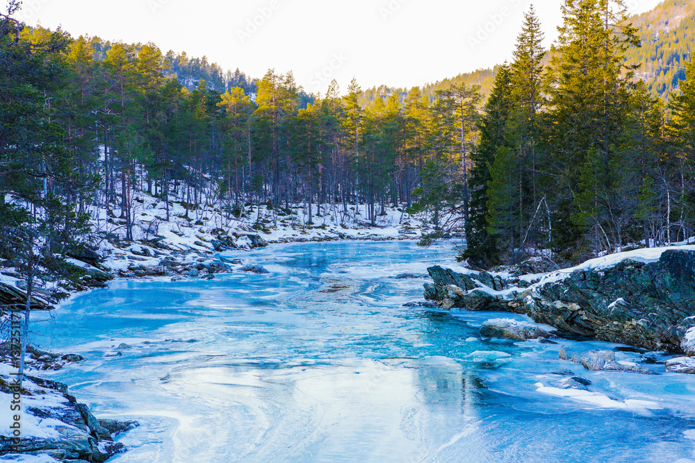 Frozen mountain river. Hordaland. Norway.