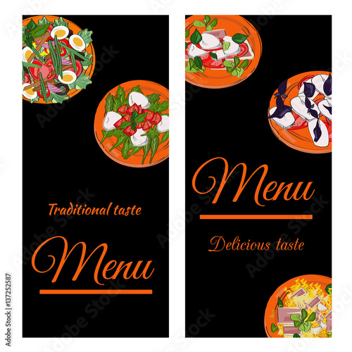 Restaurant menu top view frame. Food menu template design. Vector drawn sketch illustration with dishes.