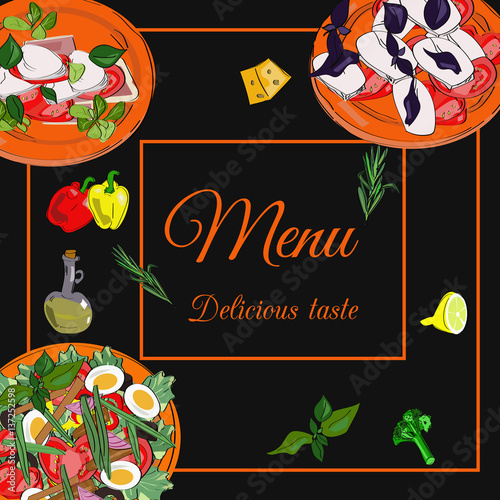 Restaurant menu top view frame. Food menu template design. Vector drawn sketch illustration with dishes.