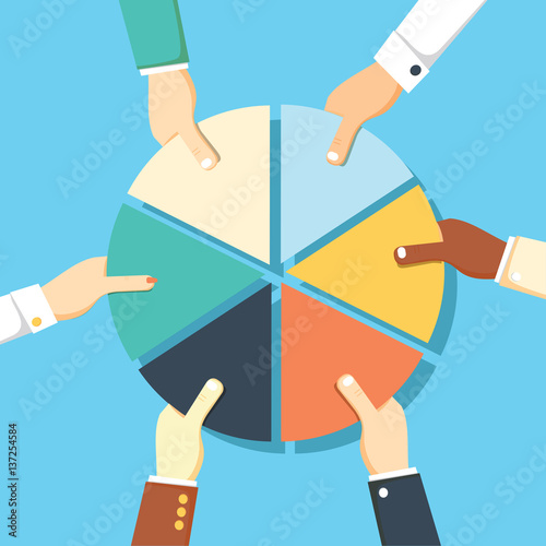 Five Businessmen Hands picking pie chart parts.