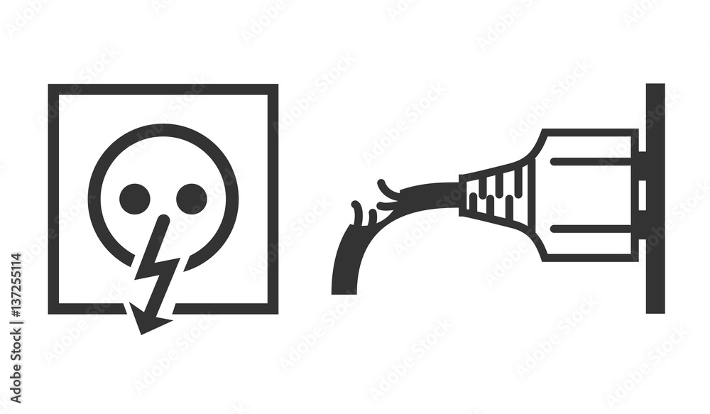 Vector isolated icons of power socket and damaged wire of plug on white background. Vector isolated icons of power socket and damaged wire of plug on white background.