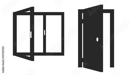 Vector isolated icons of opened door and window on white background.