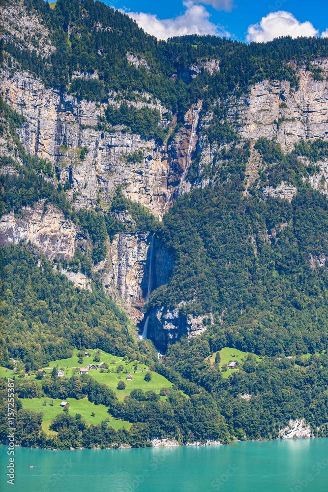 Beautiful view of  Seerenbachfall waterfall at Walensee lake