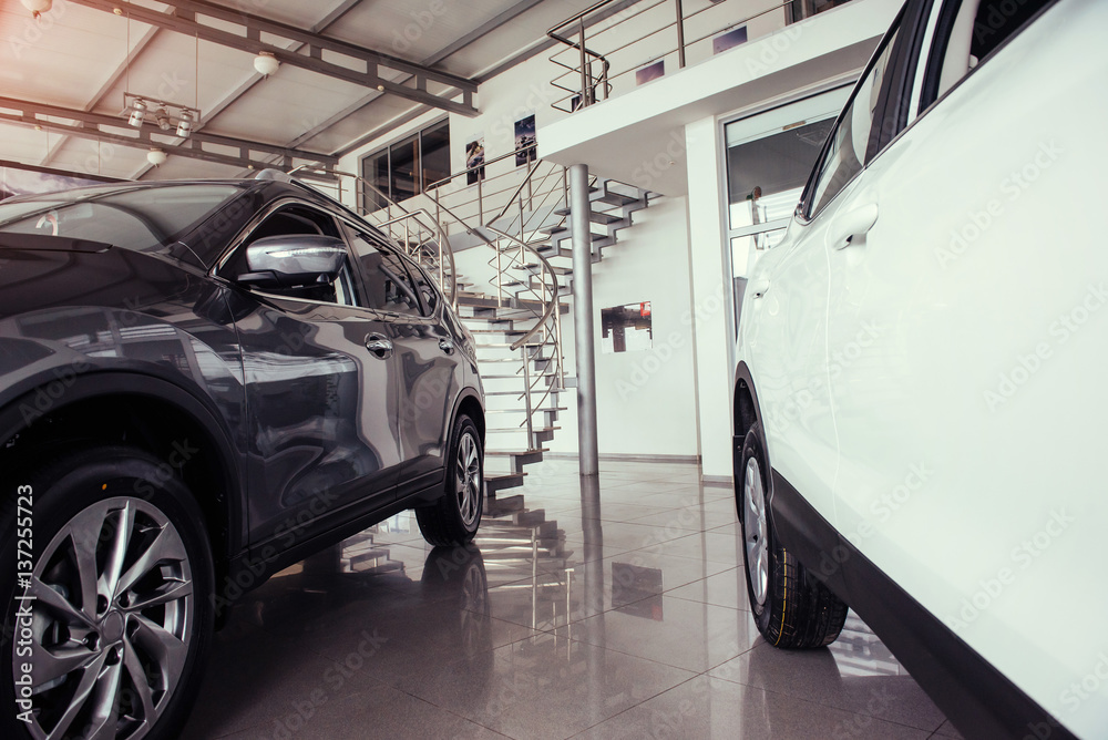 of the car in the spacious showroom with large windows of the car in the spacious showroom with large windows