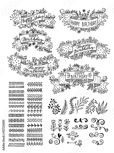 Set hand-drawn floral elements. Ribbons for inscriptions.