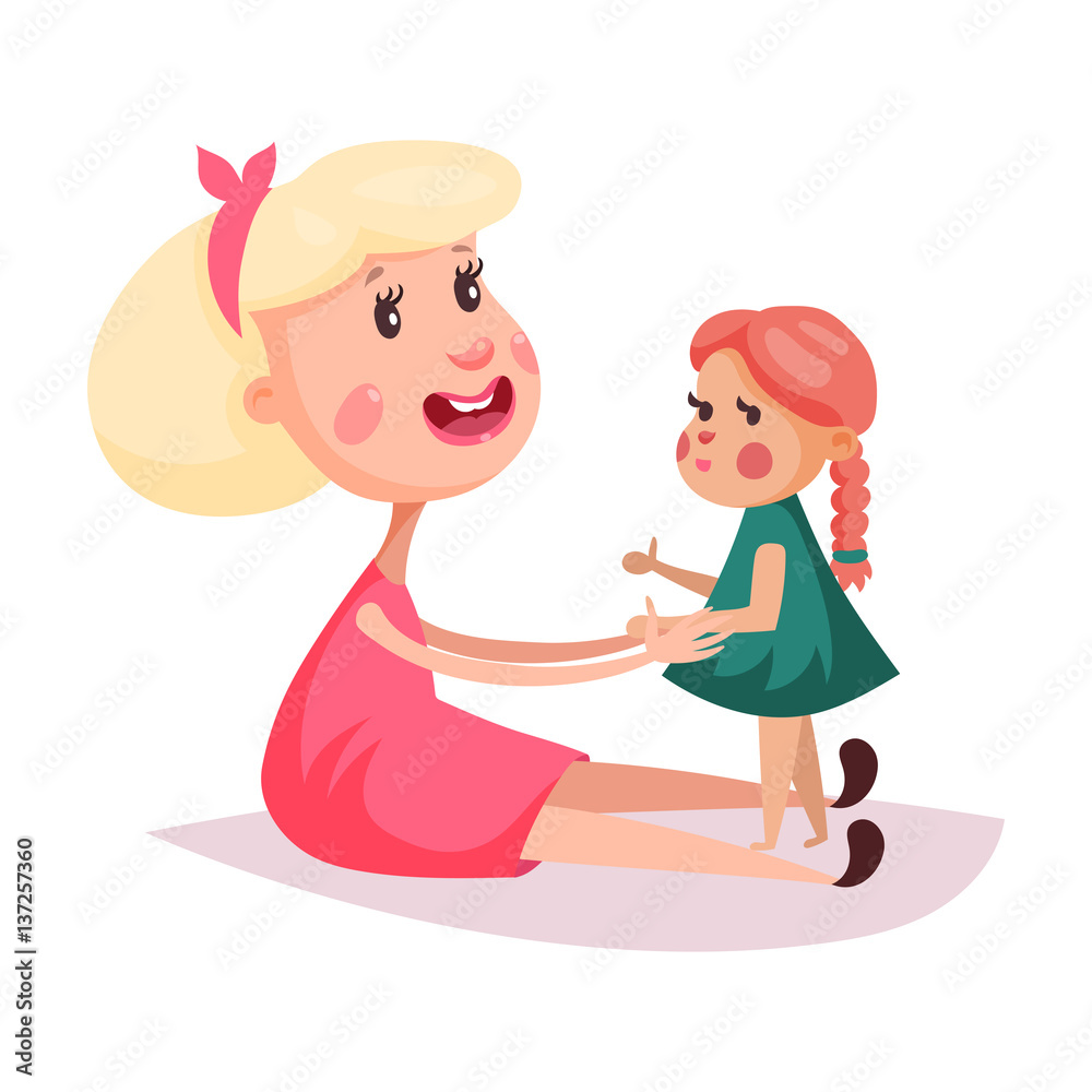 Child near mother or smiling woman in skirt Child near mother or smiling woman in skirt