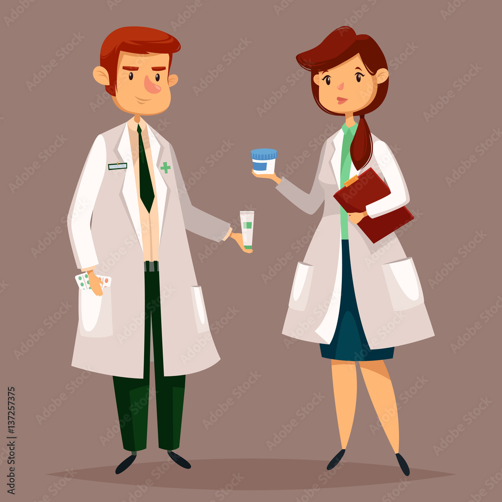 Pharmacist and woman druggist with pills, tablets