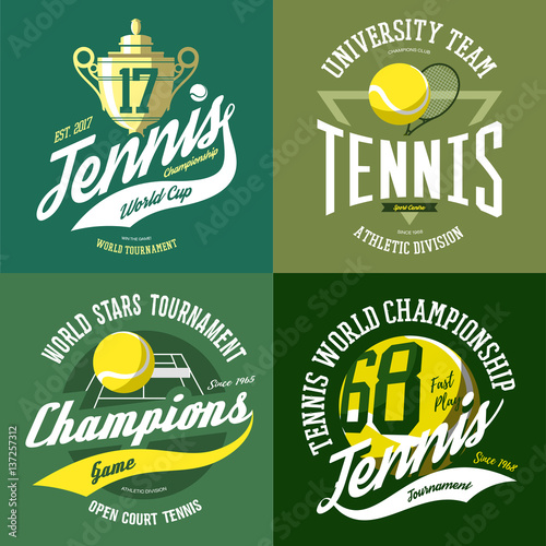 Tennis ball and trophy or cup, rack and court