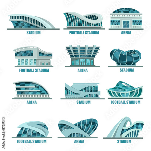 Arena building or soccer, football stadiums icons