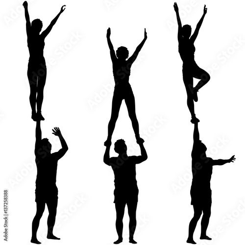 Set Black silhouette two acrobats show stand on hand. Vector illustration