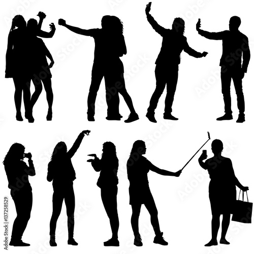 Set silhouettes man and woman taking selfie with smartphone on white background. Vector illustration