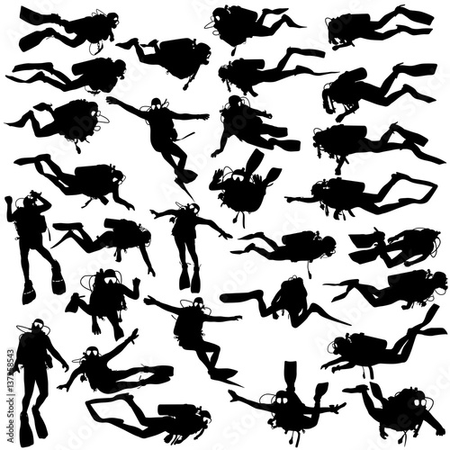 Set black silhouette scuba divers. Vector illustration