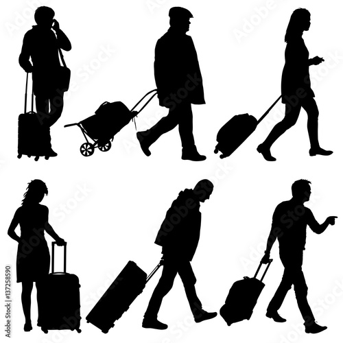 Black silhouettes travelers with suitcases on white background.
