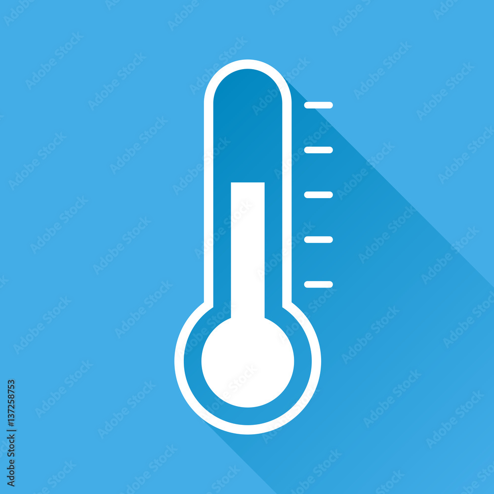 Thermometer icon. Goal flat vector illustration isolated on blue background with long shadow. Thermometer icon. Goal flat vector illustration isolated on blue background with long shadow.