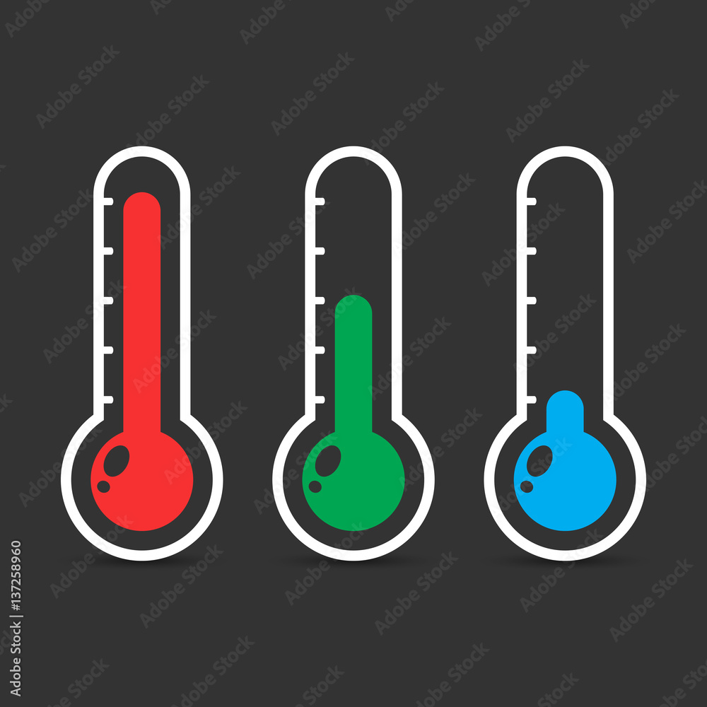 Thermometers icon with different levels. Flat vector illustration isolated on black background. Thermometers icon with different levels. Flat vector illustration isolated on black background.