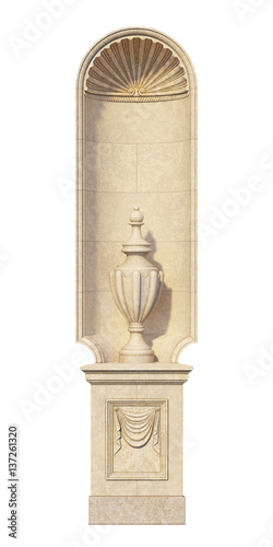 Niche in a classic style with a stone vase. 3d render