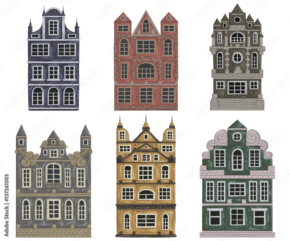 Amsterdam. Old historic buildings and houses. Traditional european architecture.  Isolated elements. Vintage hand drawn vector illustration in watercolor style.