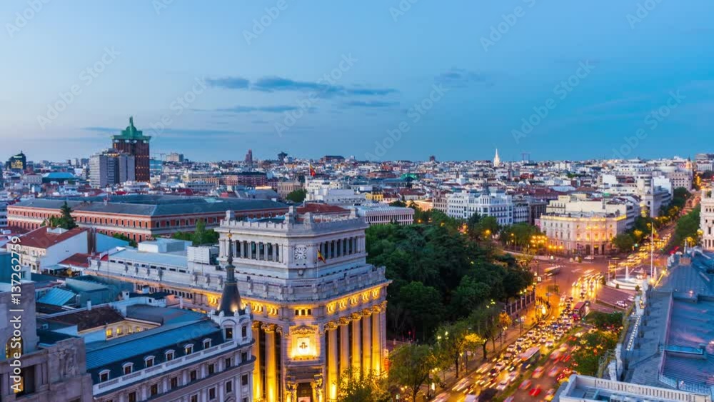 Panoramic timelapse view over Madrid in the nightfall 