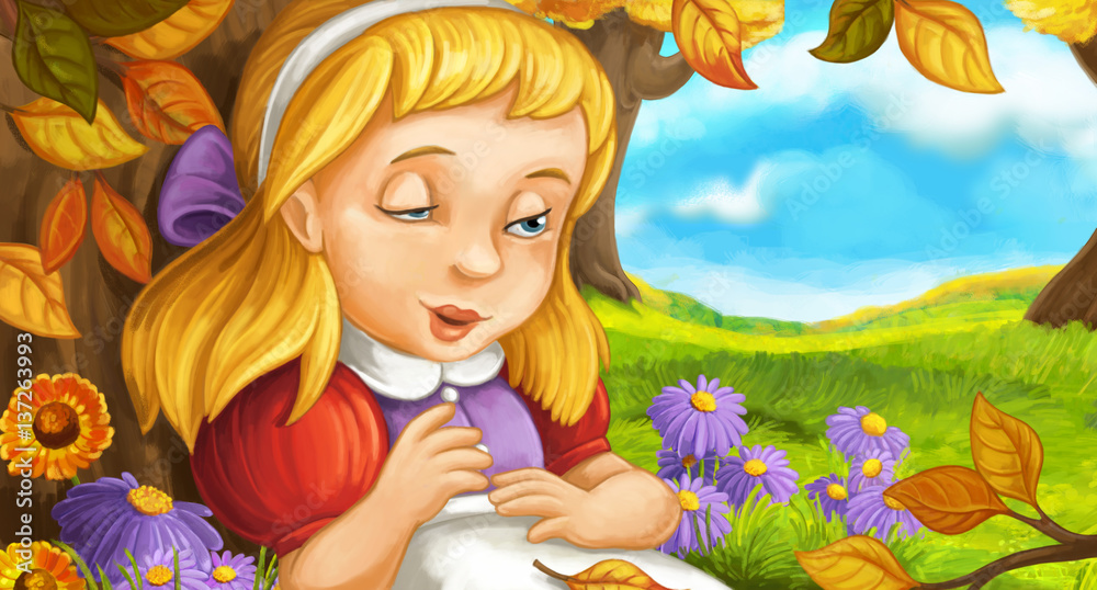 cartoon scene in the forest under the tree with young girl sleeping and waking up cartoon scene in the forest under the tree with young girl sleeping and waking up