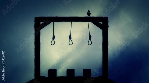 The Gallows Ready for an Execution with a Black Raven in the Rain