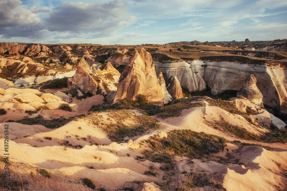 Unique geological formations in valley in Cappadocia